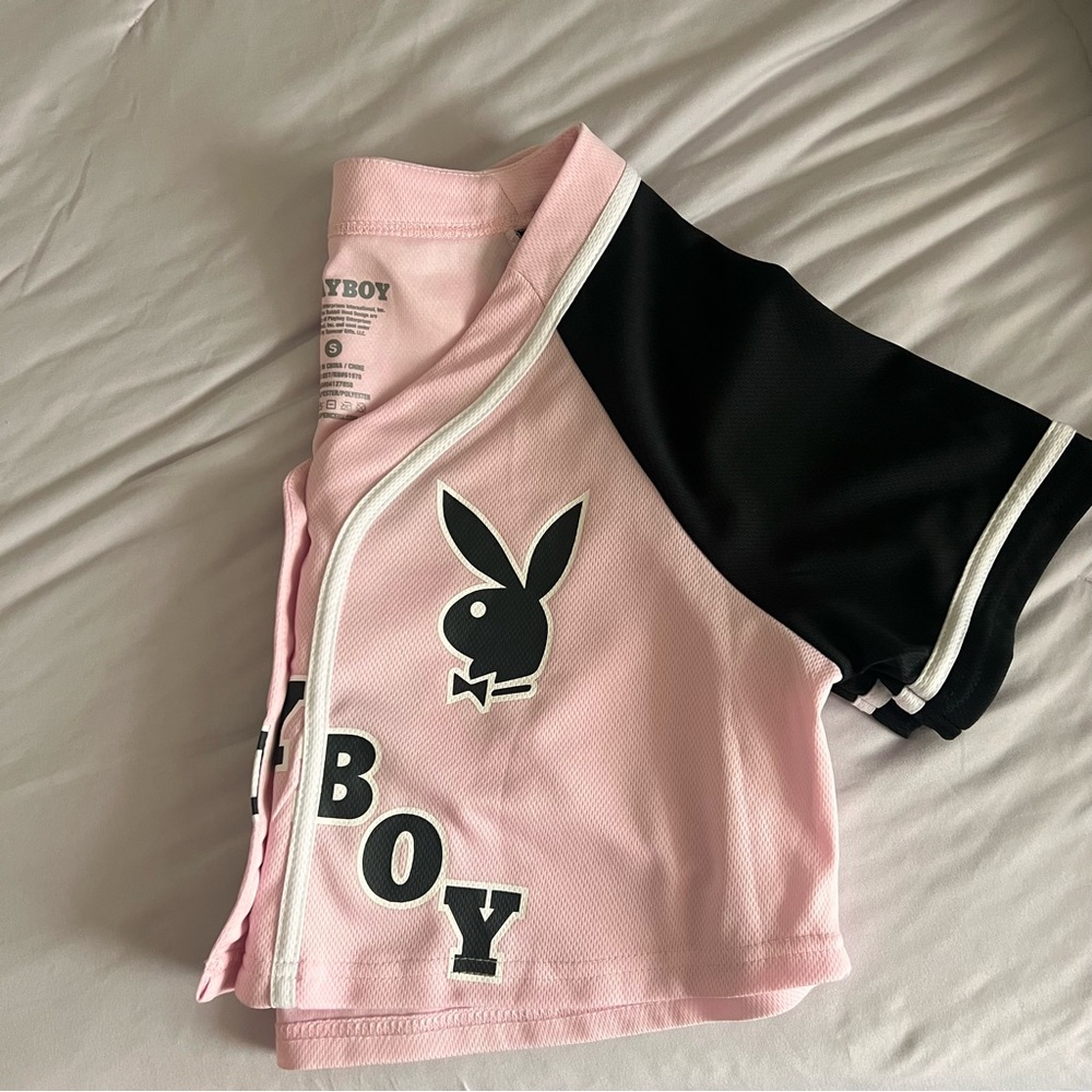 PLAYBOY Pink and Black Cropped Baseball Jersey